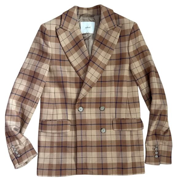 Aritzia Wilfred Wool-Blend Margaux Plaid Double Breasted Blazer Brown Size 0 - Picture 6 of 11